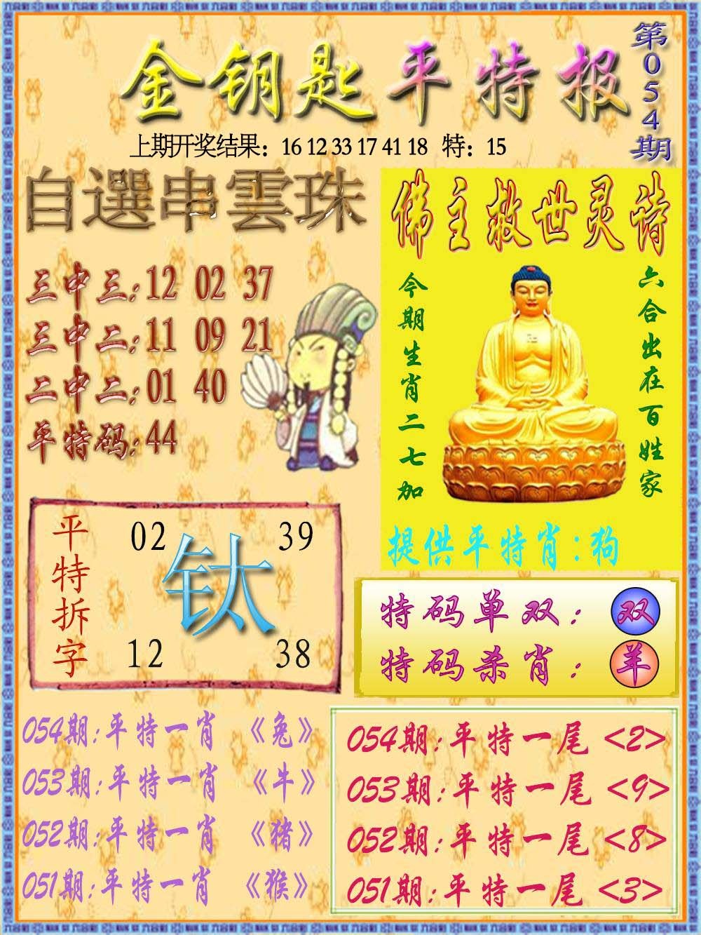 054期金钥匙平特报[图]