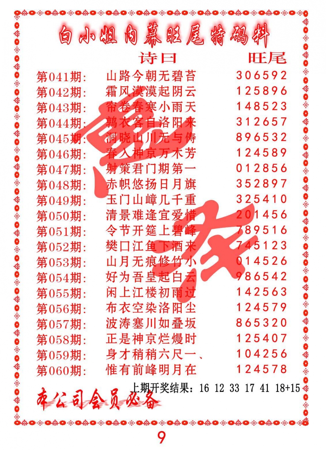054期内幕旺尾特码料[图]