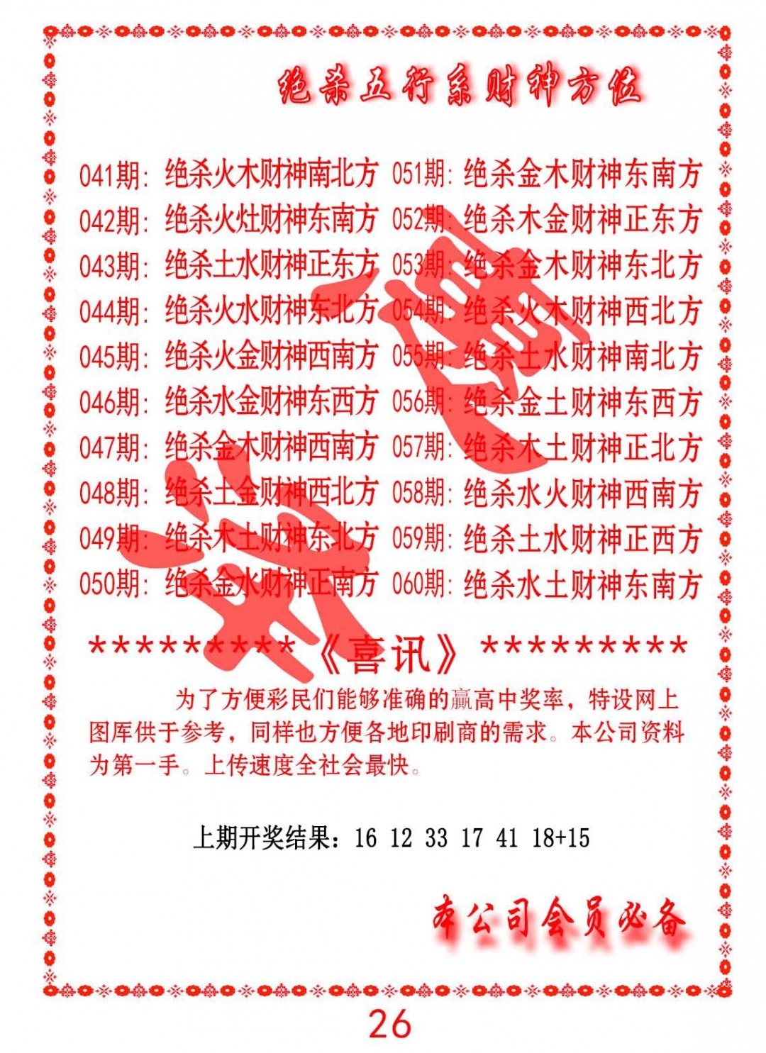 054期绝杀五行及财神方位[图]