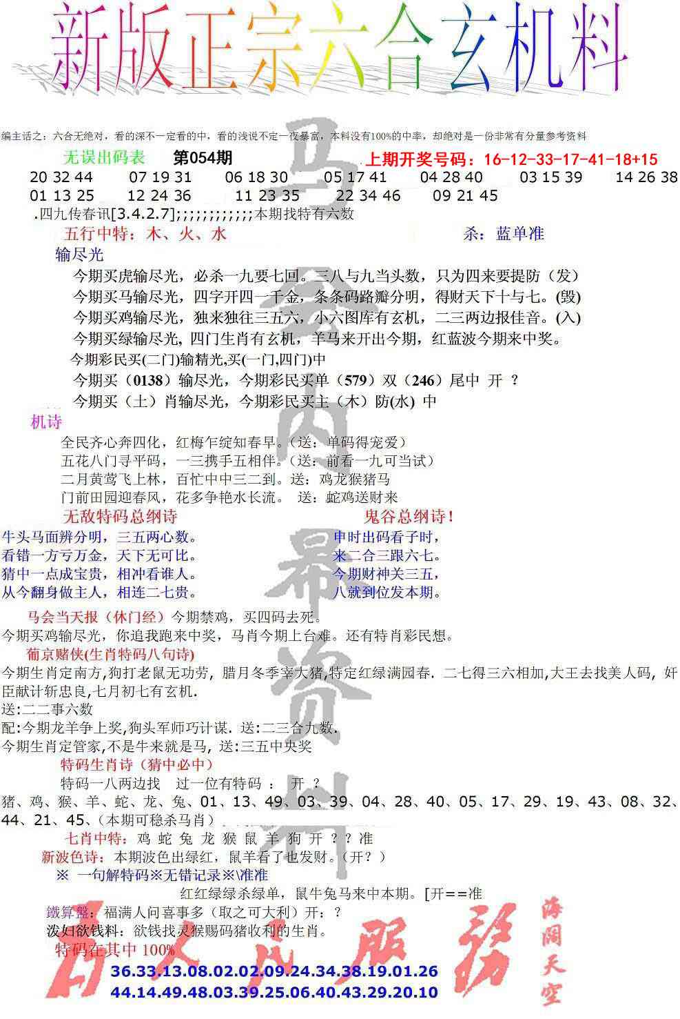 054期正宗六合玄机料[图]
