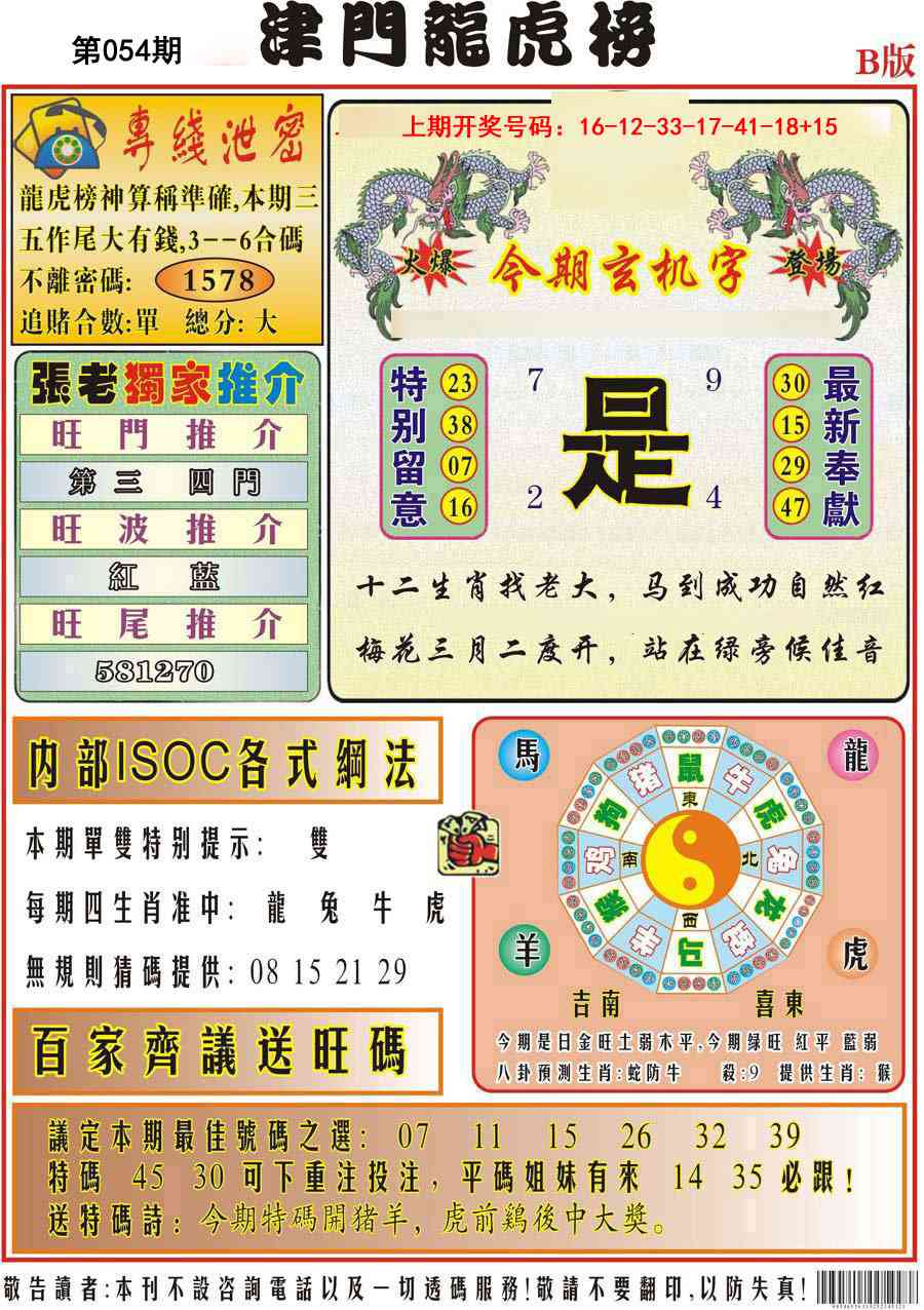 054期津门龙虎榜B[图]